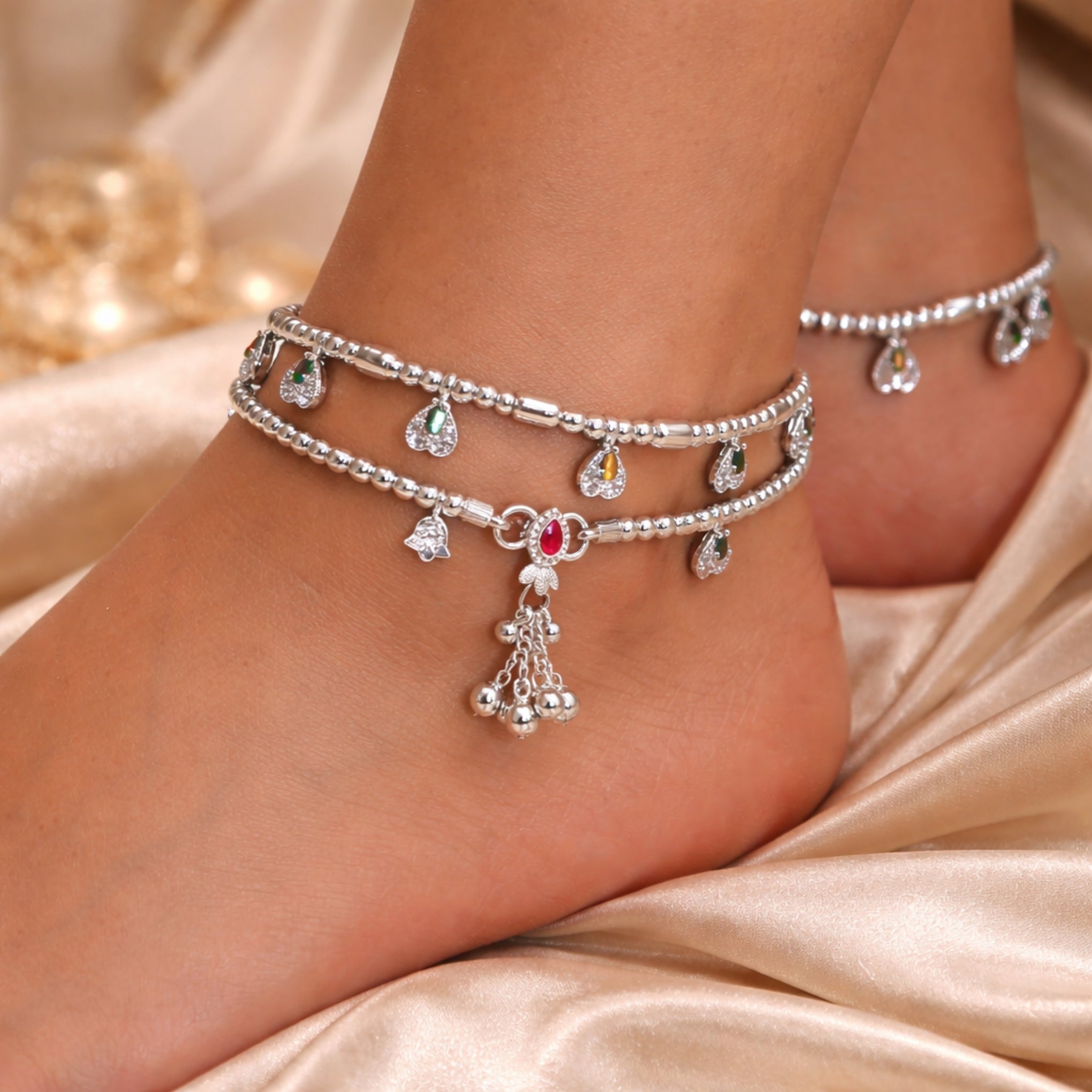 Silver Beaded Dangling Anklet