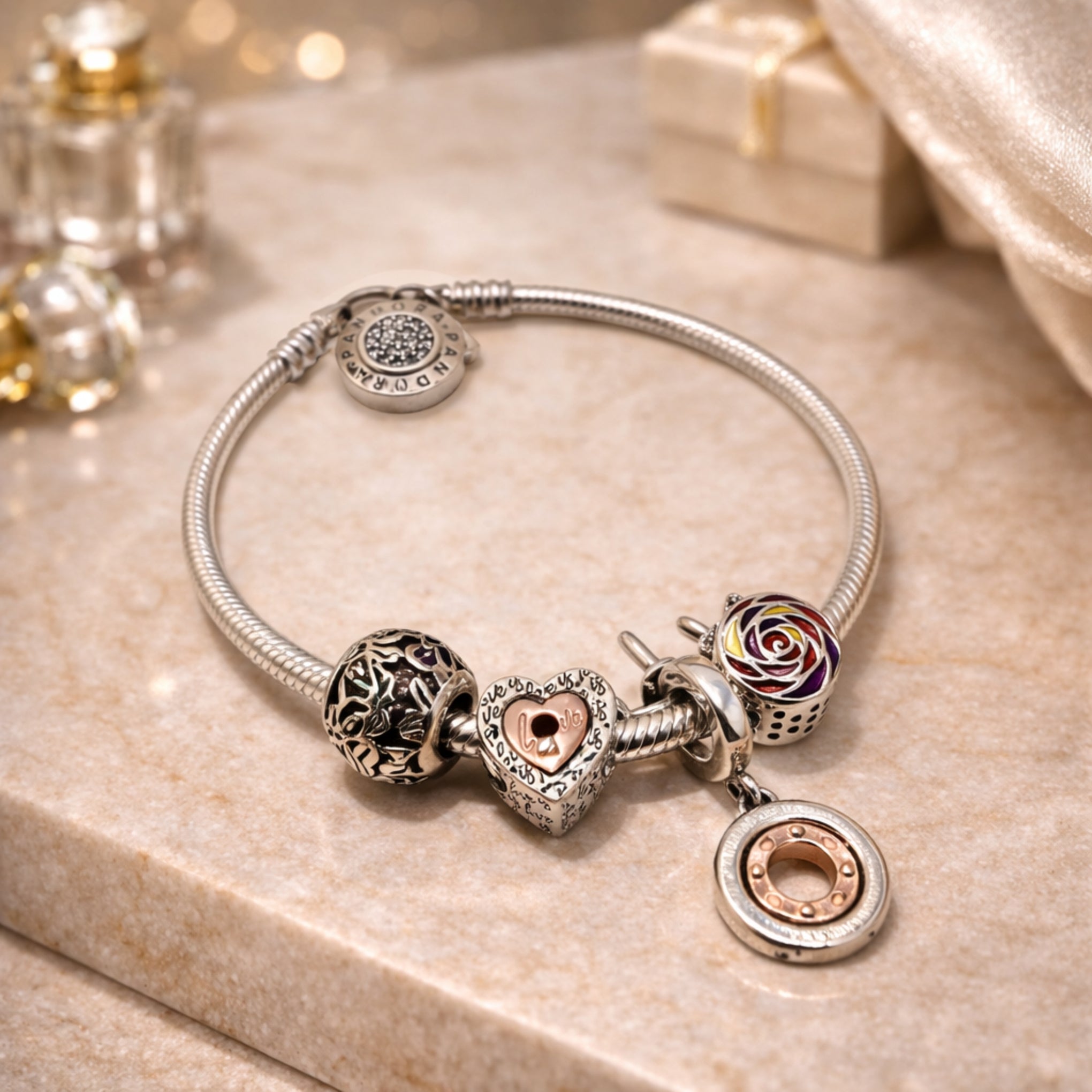 Charm Bracelet with Heart & Floral Charms