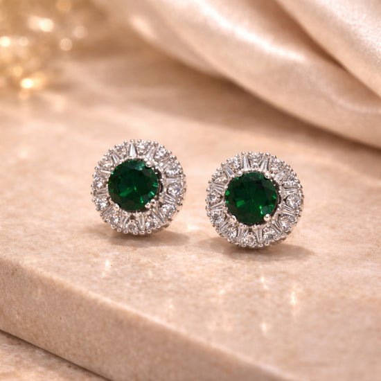 Green Stone Halo Stud Earrings