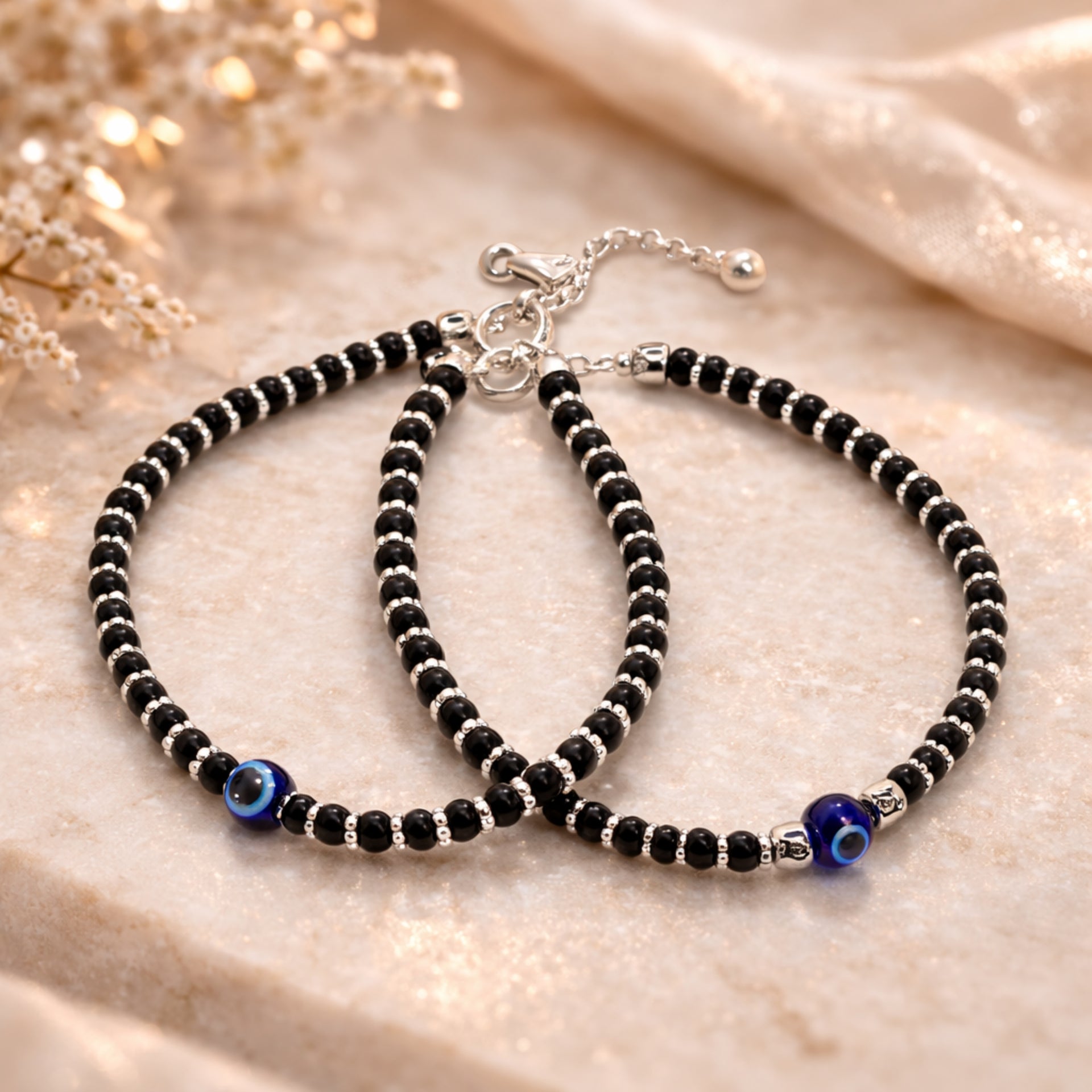 Black Beaded Nazar Anklet Set with Evil Eye