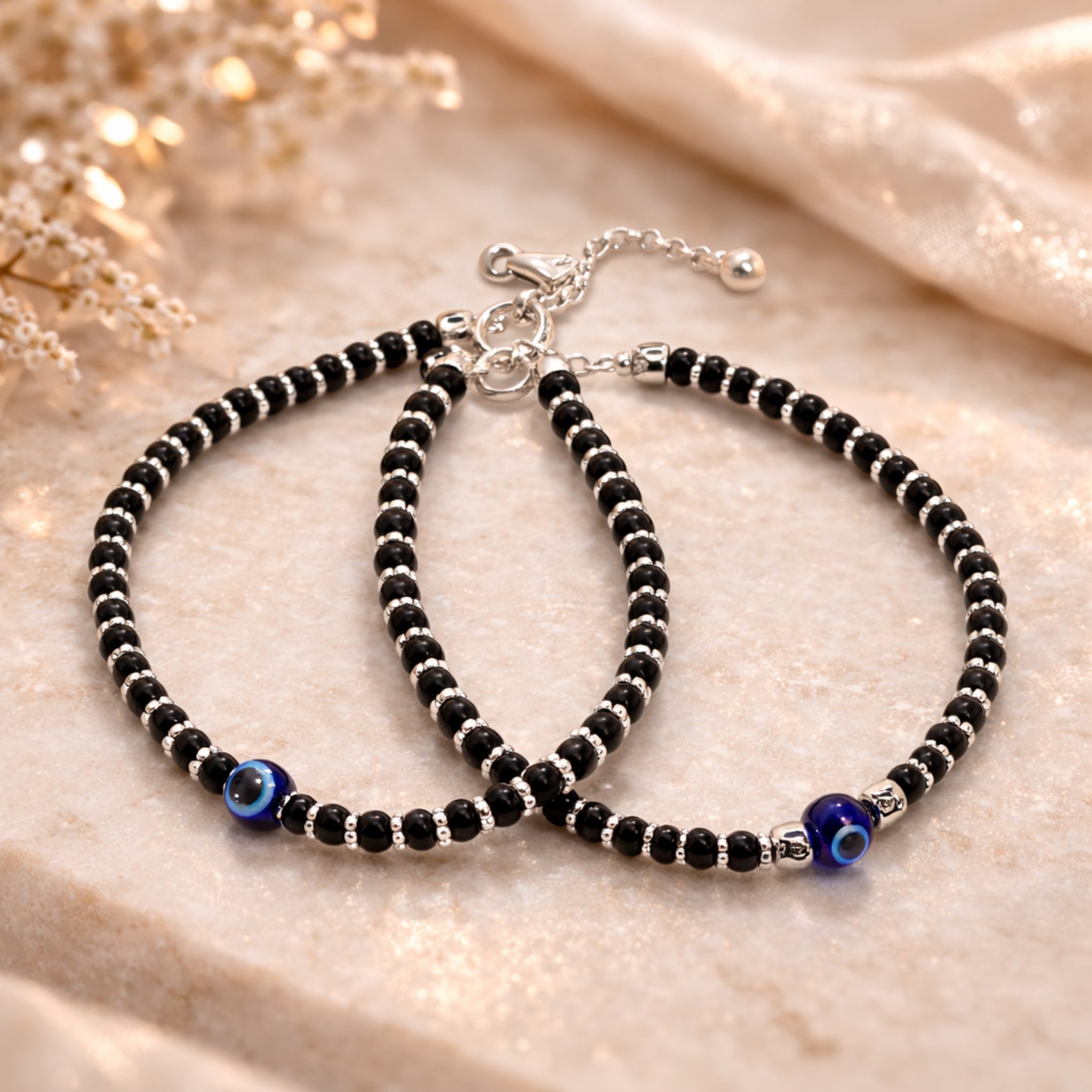 Black Beaded Nazar Anklet Set with Evil Eye