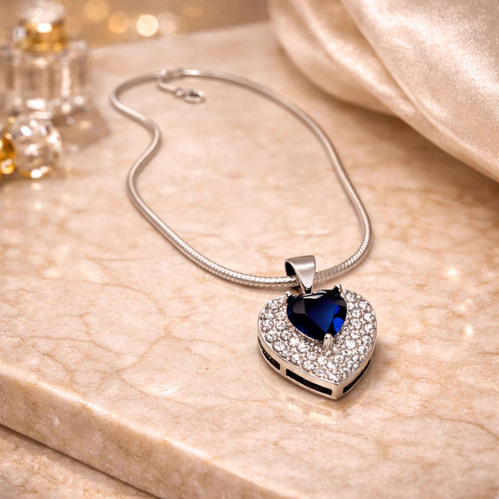 Blue Heart Crystal Pendant Necklace & Earrings Set