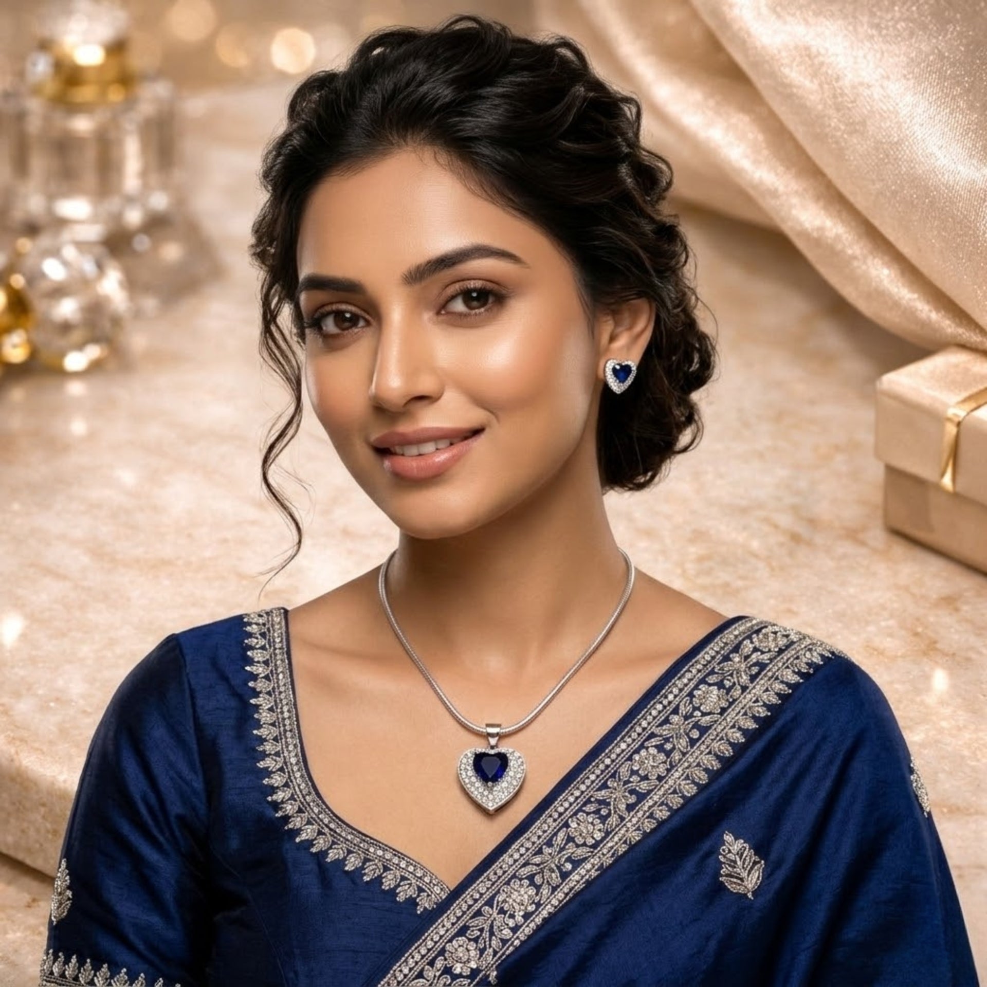 Blue Heart Crystal Pendant Necklace & Earrings Set