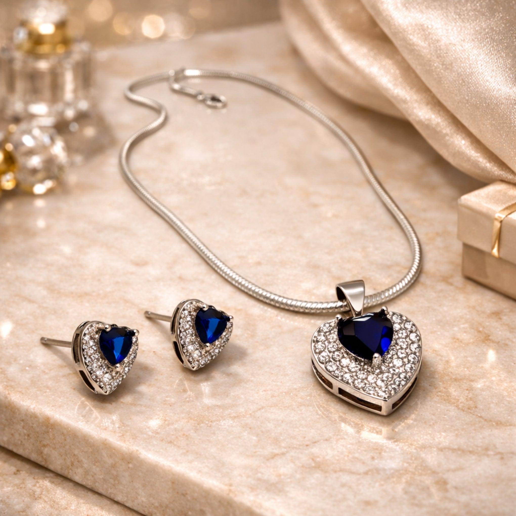Blue Heart Crystal Pendant Necklace & Earrings Set